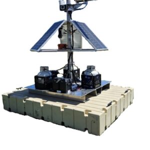 Margo Floating Deterrent Unit featuring Scare Cannon, Robo-Falcon, and Audio Deterrent System on a heavy-duty solar-powered floating dock