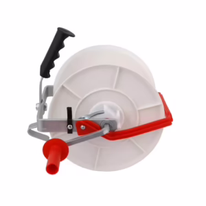 A 3:1 geared electric fencing wire reel featuring a galvanized frame, white plastic hub, and comfortable hand crank.